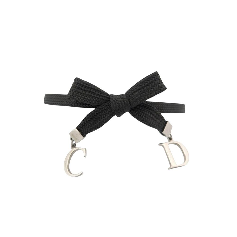 Vintage Christian Dior Black Nylon Cord Ribbon Bow Metal CD Charm Bracelet